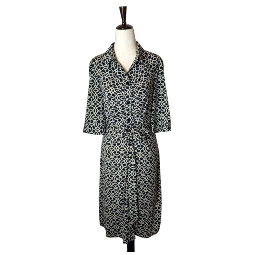 Laundry by Shelli Segal‎ Dress Women 8 Black Ivory Greek Key Belted Button Front